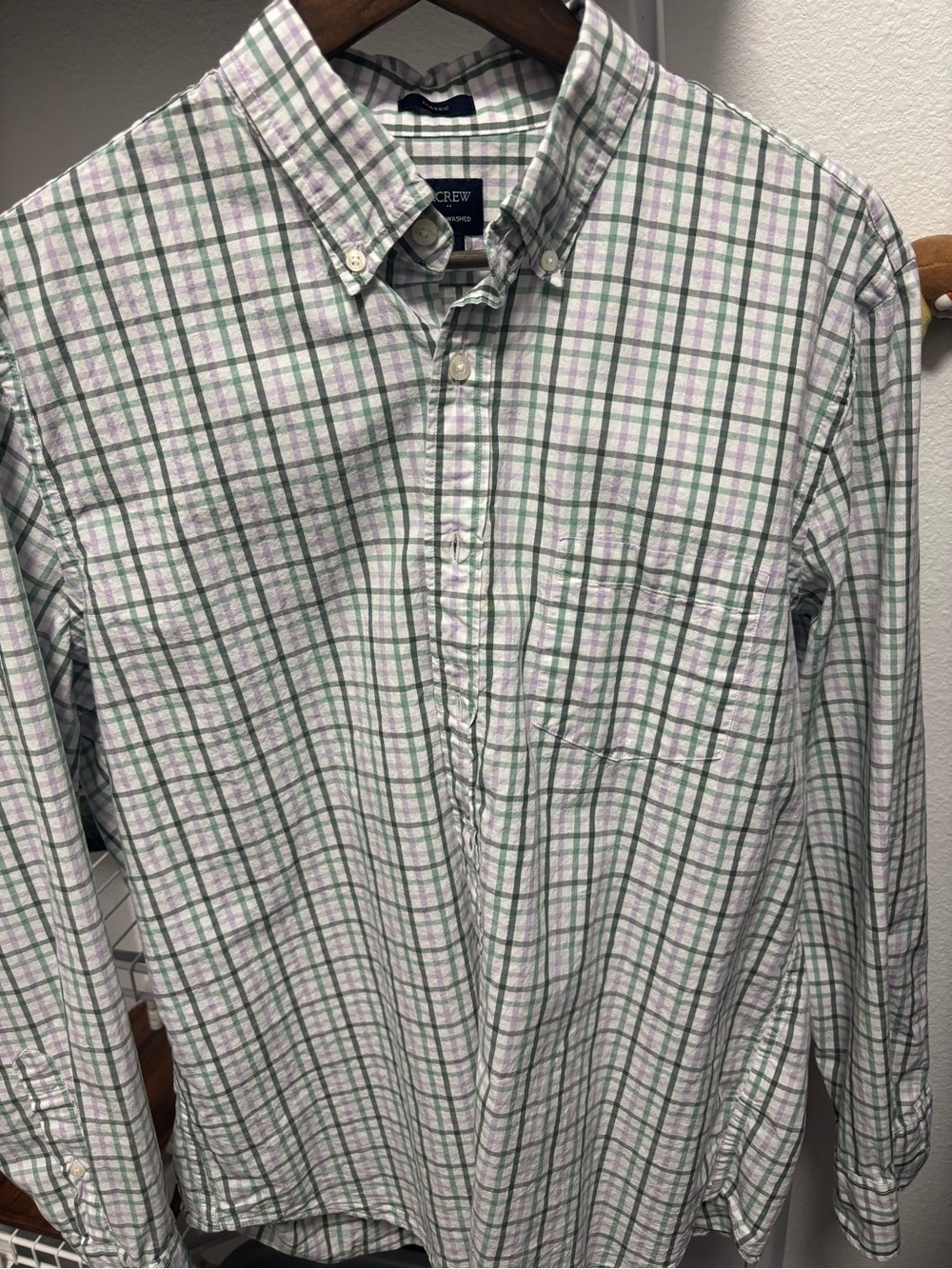 J. Crew Men's White Button-Down Plaid Shirt with Green & Purple